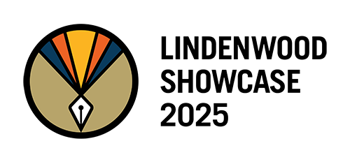 Student Academic Showcase logo. A circle with an ink pen tip and Lindenwood colors coming out